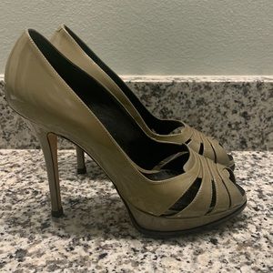 Christian Dior Grey Patent Leather Platform Peep Toe Pumps